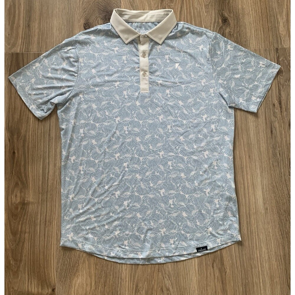 PRIMO GOLF APPAREL Men's Shortsleeve Polo Size L White Blue Floral Performance